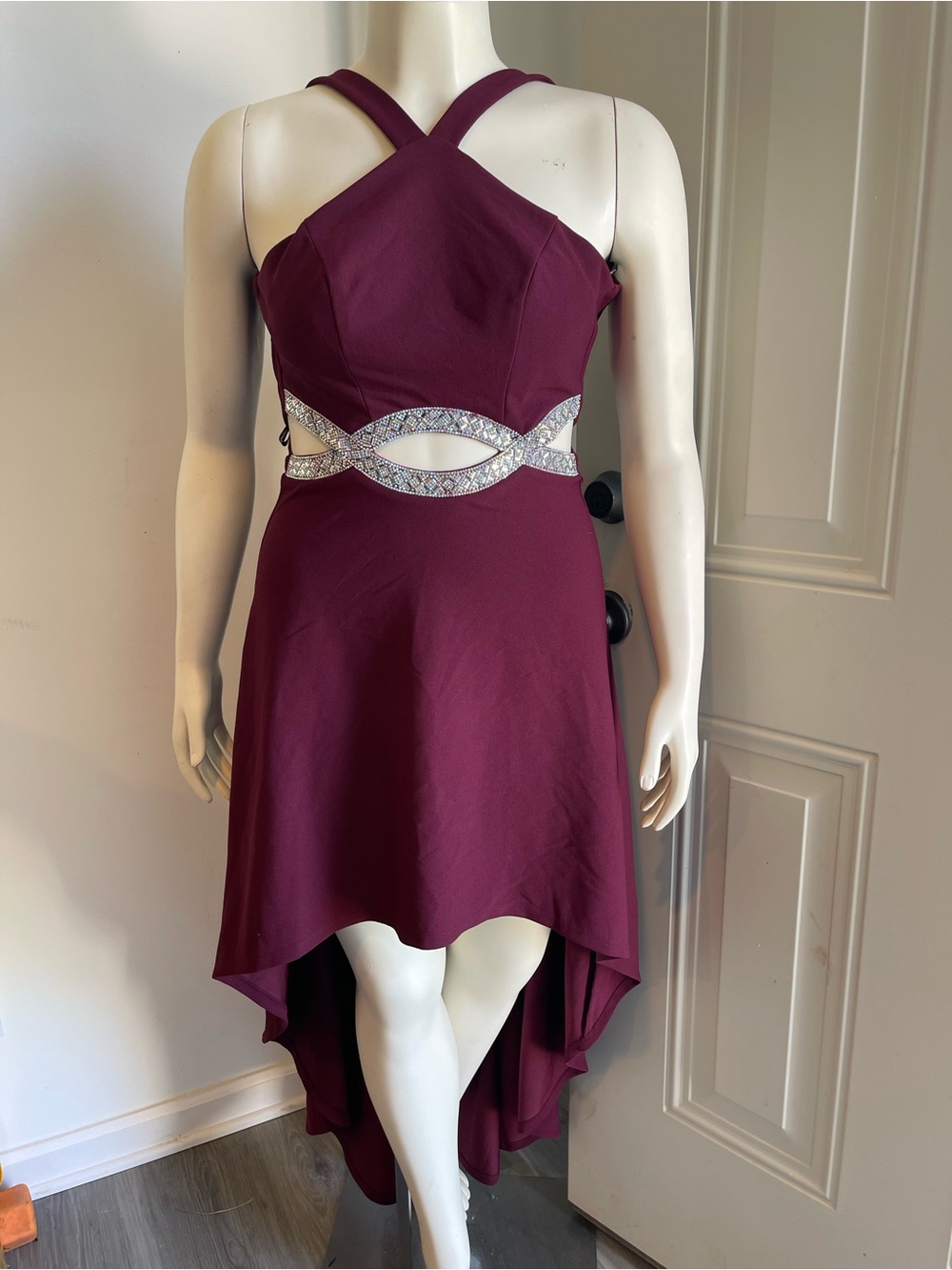 Wine High-Low Crisscross Back Dress with Embellished Waist